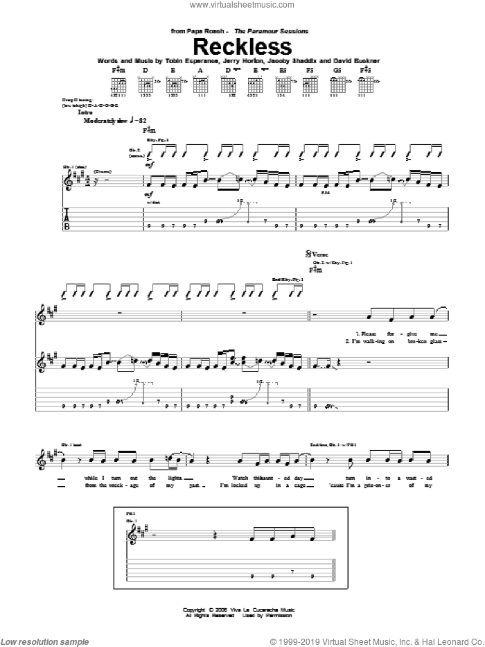 Reckless sheet music for guitar (tablature) by Papa Roach, David Buckner, Jacoby Shaddix, Jerry Horton and Tobin Esperance, intermediate skill level