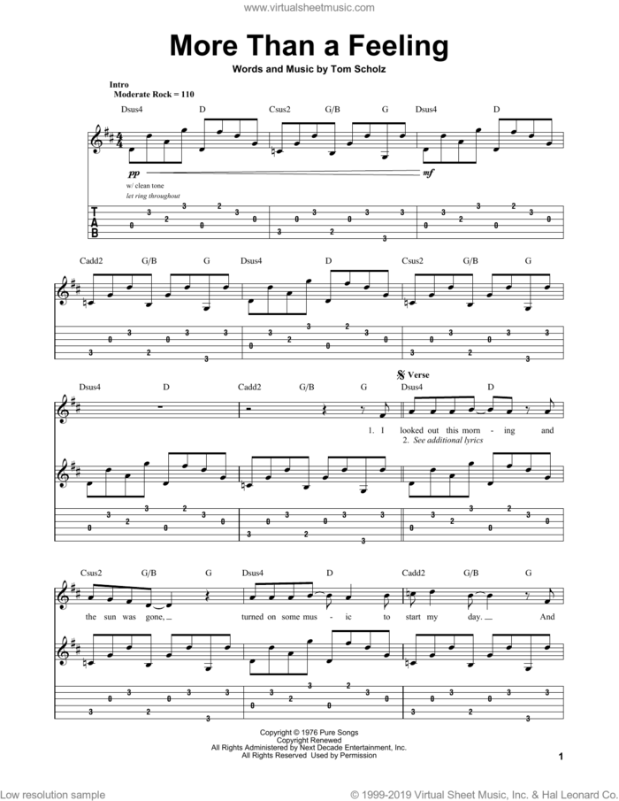 More Than A Feeling sheet music for guitar (tablature, play-along) by Boston and Tom Scholz, intermediate skill level