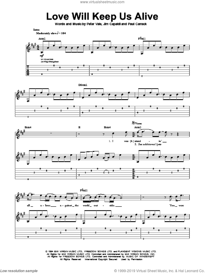 Love Will Keep Us Alive sheet music for guitar (tablature, play-along) by The Eagles, Jim Capaldi, Paul Carrack and Peter Vale, wedding score, intermediate skill level