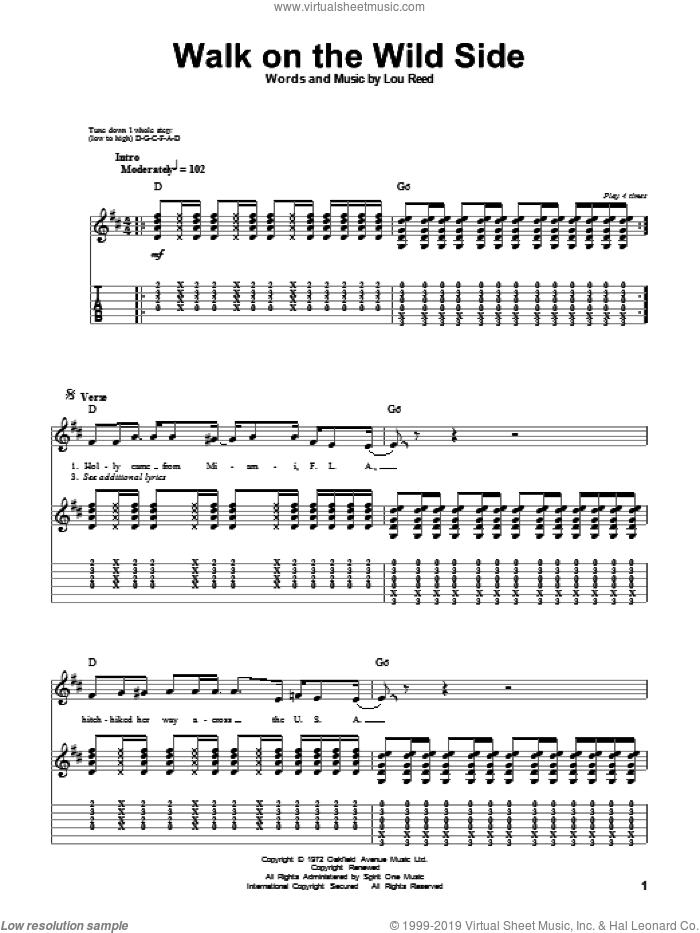 Walk On The Wild Side sheet music for guitar (tablature, play-along) by Lou Reed, intermediate skill level