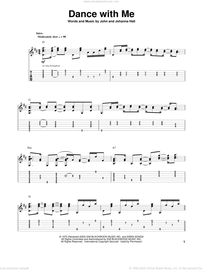 Dance With Me sheet music for guitar (tablature, play-along) by Orleans, Johanna Hall and John Hall, intermediate skill level