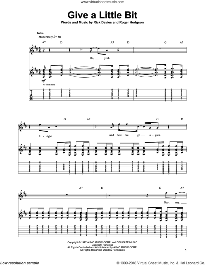 Give A Little Bit sheet music for guitar (tablature, play-along) by Supertramp, Rick Davies and Roger Hodgson, intermediate skill level