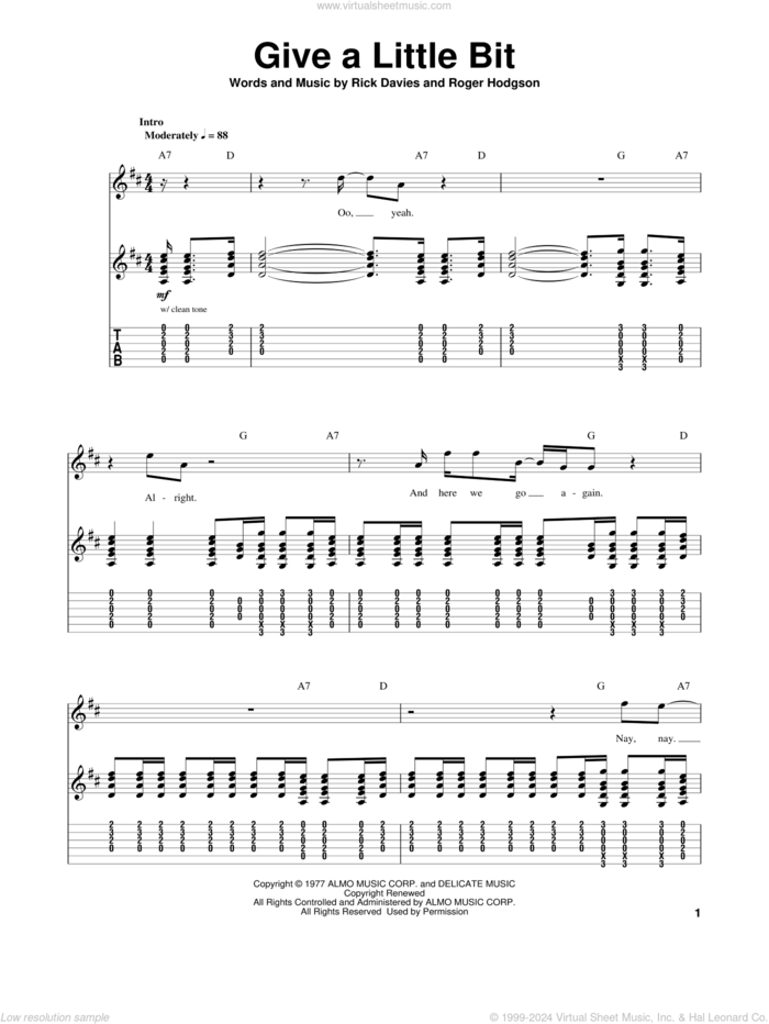 Give A Little Bit sheet music for guitar (tablature, play-along) by Supertramp, Rick Davies and Roger Hodgson, intermediate skill level