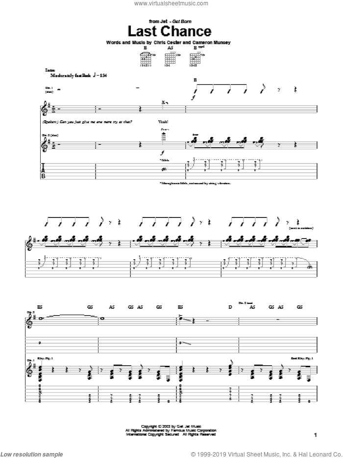 Last Chance sheet music for guitar (tablature) by Nic Cester, Cameron Muncey and Chris Cester, intermediate skill level