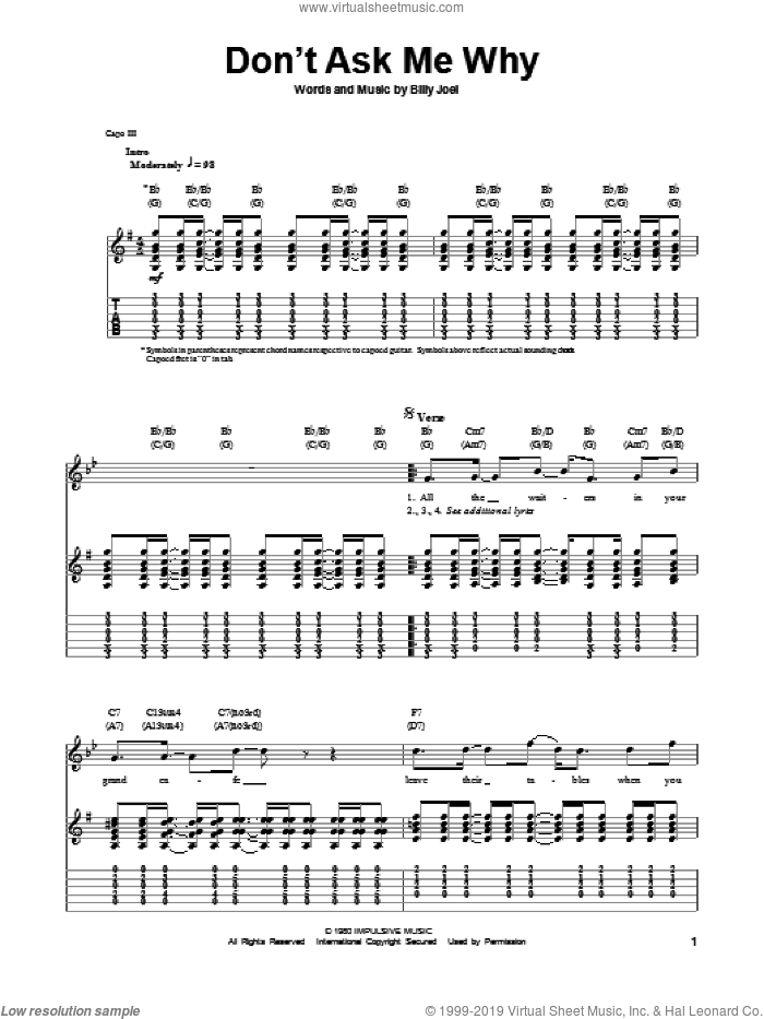 Don't Ask Me Why sheet music for guitar (tablature, play-along) by Billy Joel, intermediate skill level