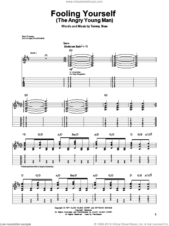 Fooling Yourself (The Angry Young Man) sheet music for guitar (tablature, play-along) by Styx and Tommy Shaw, intermediate skill level