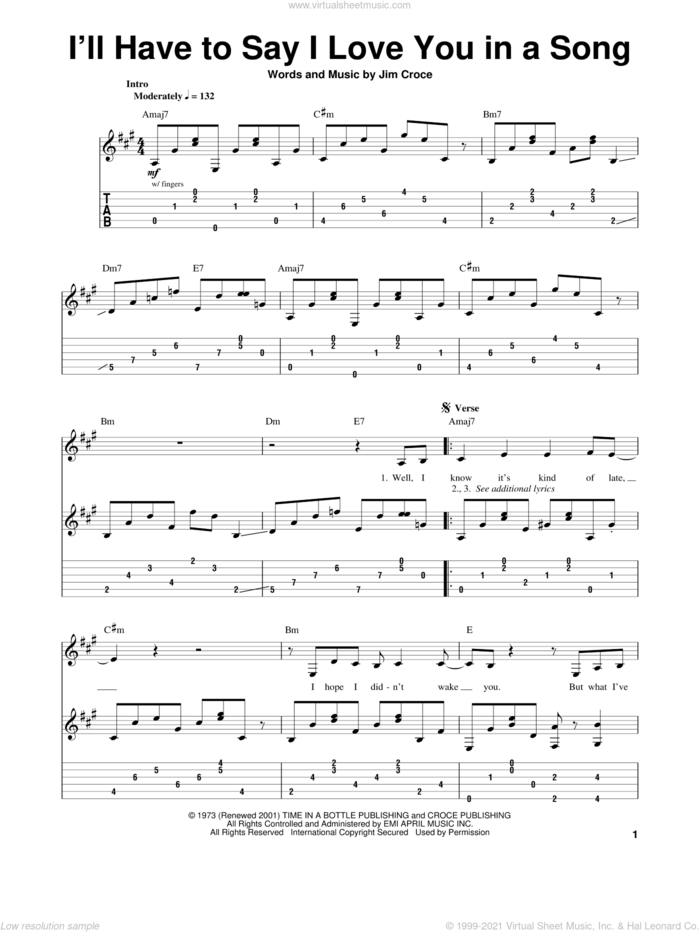 I'll Have To Say I Love You In A Song sheet music for guitar (tablature, play-along) by Jim Croce, wedding score, intermediate skill level