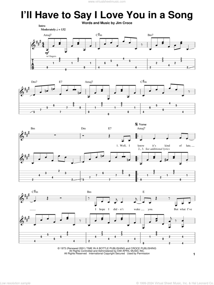 I'll Have To Say I Love You In A Song sheet music for guitar (tablature, play-along) by Jim Croce, wedding score, intermediate skill level