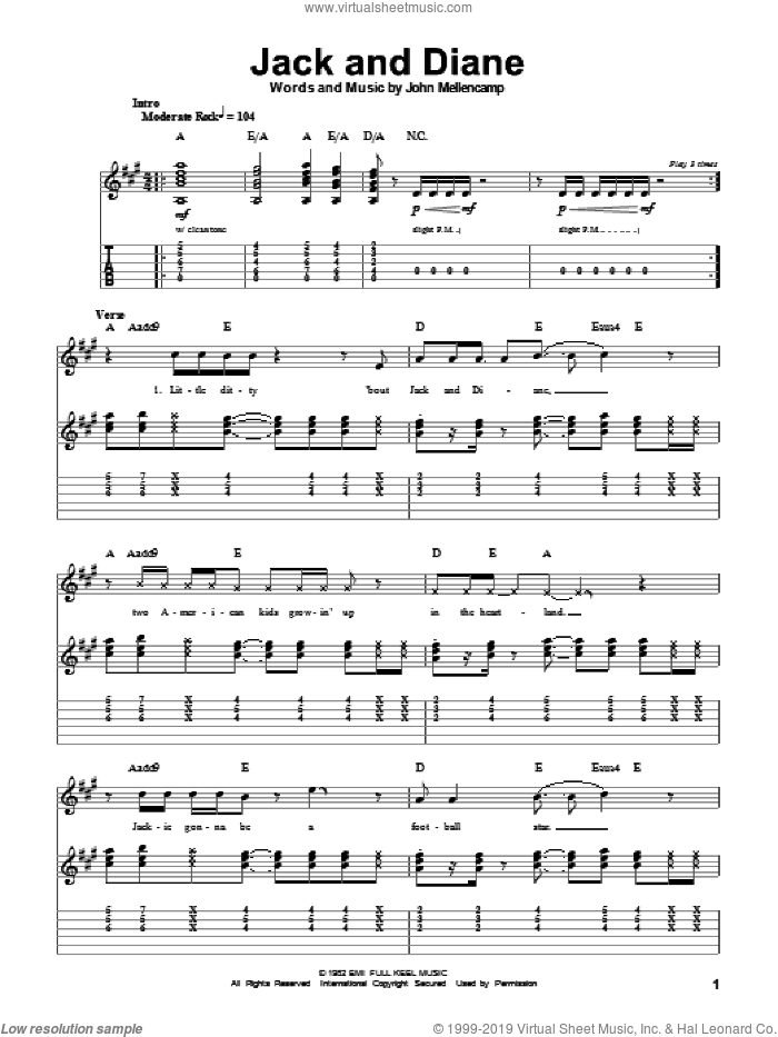 Jack And Diane sheet music for guitar (tablature, play-along) by John Mellencamp, intermediate skill level