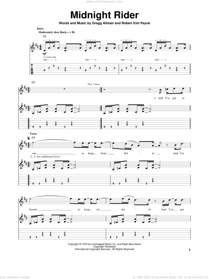 Midnight Rider sheet music for guitar (tablature, play-along) by Allman Brothers Band, The Allman Brothers Band, Gregg Allman and Robert Kim Payne, intermediate skill level