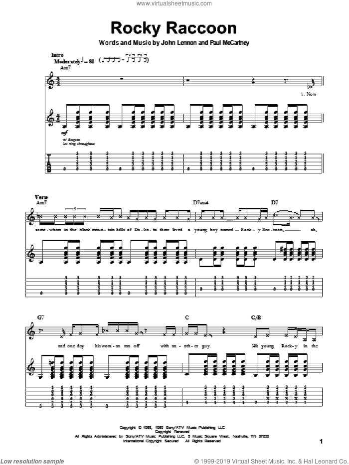 Rocky Raccoon sheet music for guitar (tablature, play-along) by The Beatles, John Lennon and Paul McCartney, intermediate skill level