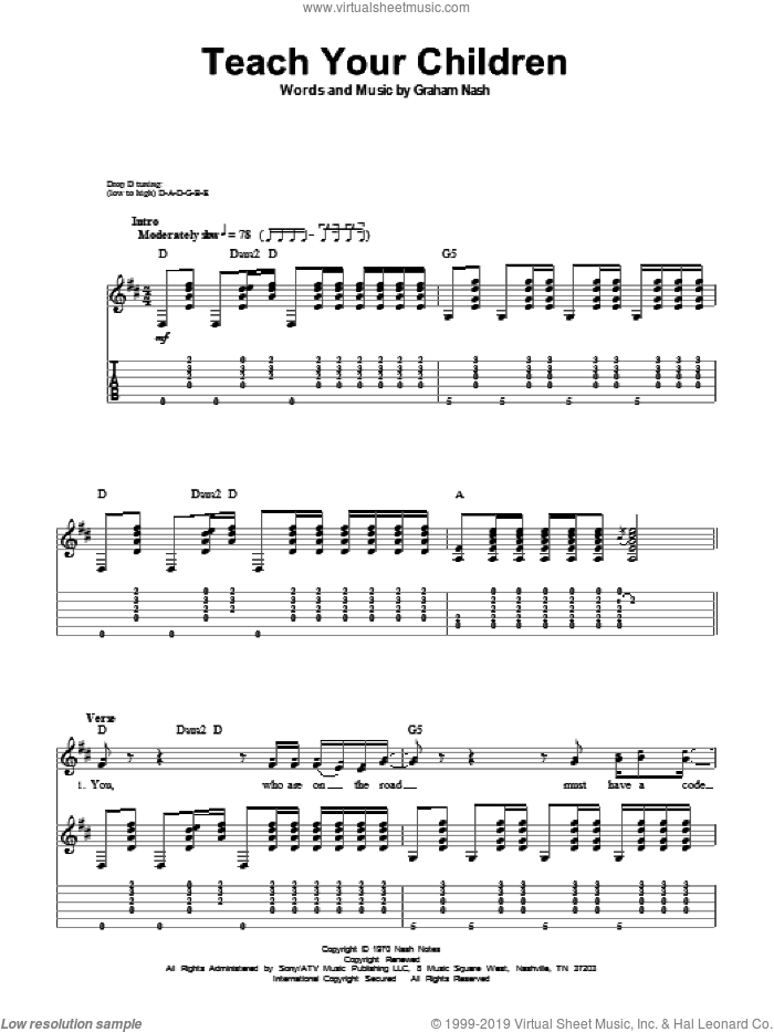 Teach Your Children sheet music for guitar (tablature, play-along) by Crosby, Stills, Nash & Young, Crosby, Stills & Nash and Graham Nash, intermediate skill level