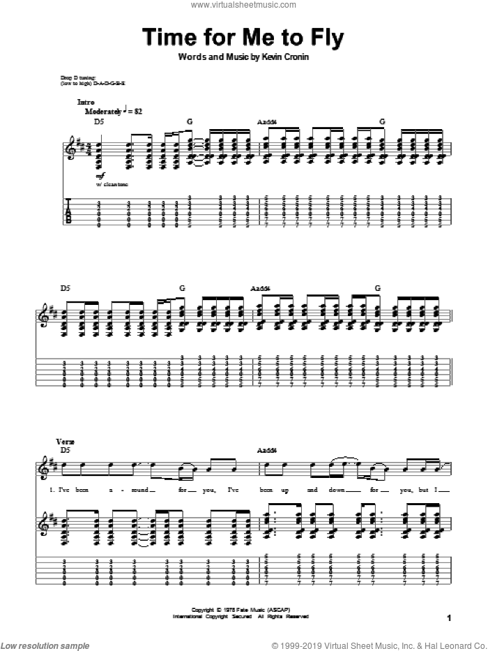 Time For Me To Fly sheet music for guitar (tablature, play-along) by REO Speedwagon and Kevin Cronin, intermediate skill level