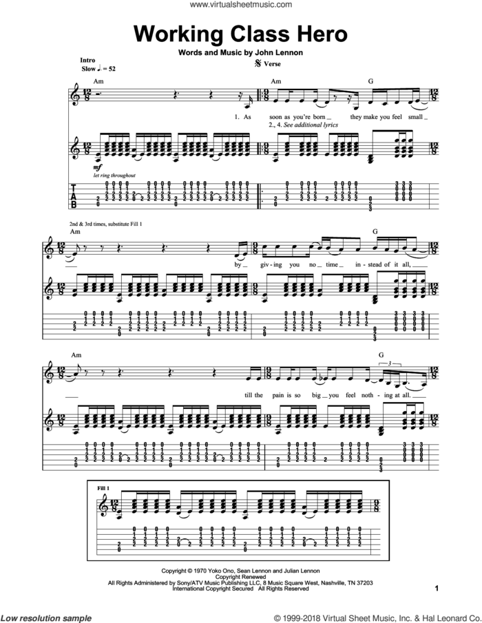 Working Class Hero sheet music for guitar (tablature, play-along) by John Lennon, intermediate skill level