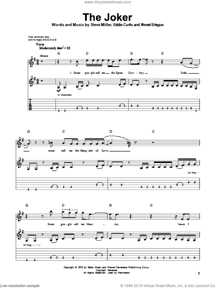 The Joker sheet music for guitar (tablature, play-along) by Steve Miller Band, Ahmet Ertegun, Eddie Curtis and Steve Miller, intermediate skill level