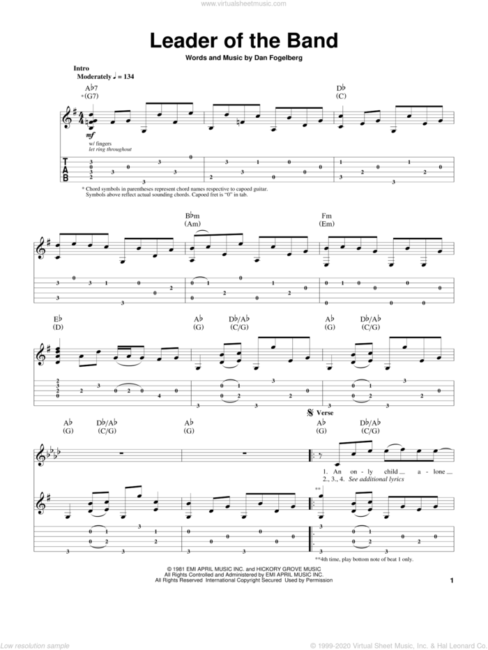 Leader Of The Band sheet music for guitar (tablature, play-along) by Dan Fogelberg, intermediate skill level