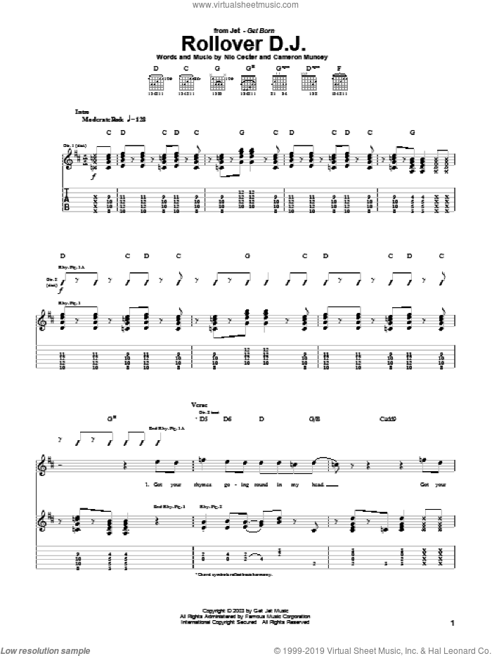 Rollover D.J. sheet music for guitar (tablature) by Nic Cester and Cameron Muncey, intermediate skill level