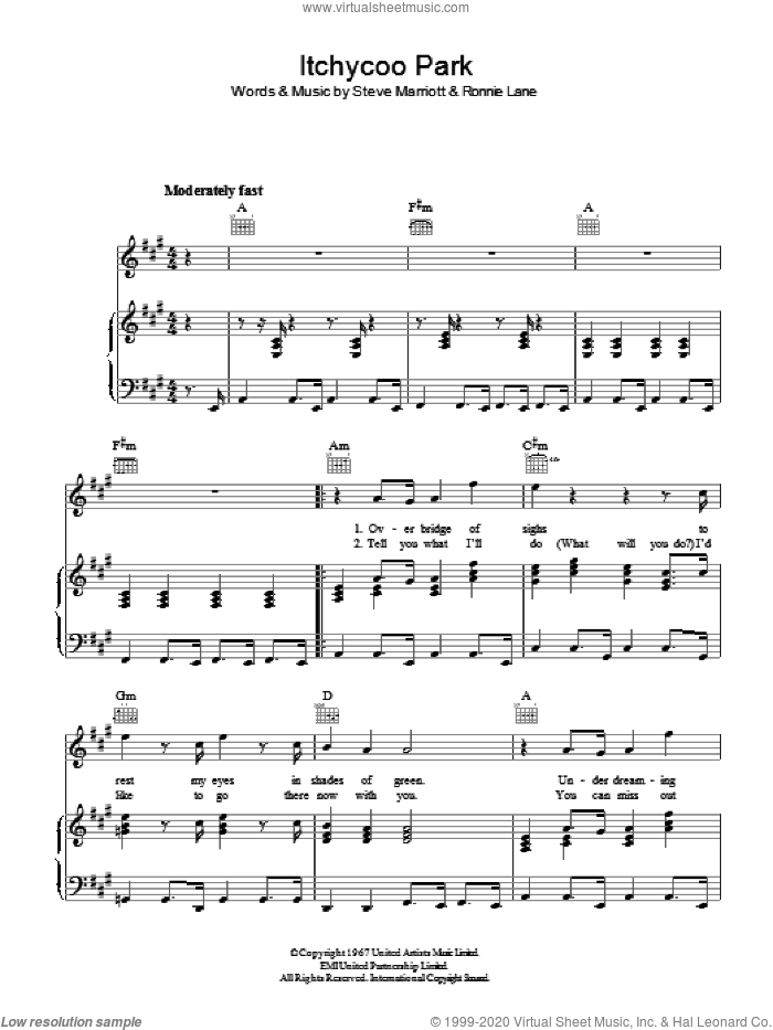 Itchycoo Park sheet music for voice, piano or guitar by The Small Faces, Ronnie Lane and Steve Marriott, intermediate skill level