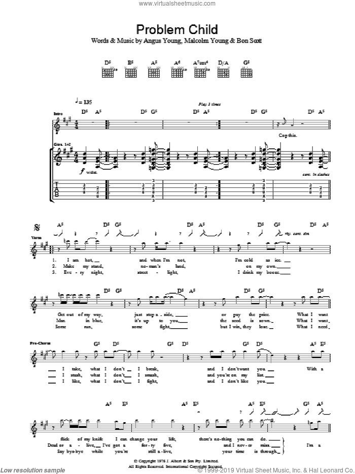 Problem Child sheet music for guitar (tablature) by AC/DC, Angus Young, Bon Scott and Malcolm Young, intermediate skill level