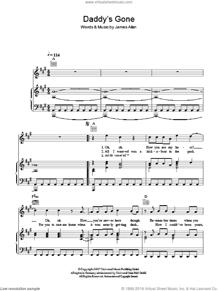 Daddy's Gone sheet music for voice, piano or guitar by Glasvegas and James Allan, intermediate skill level