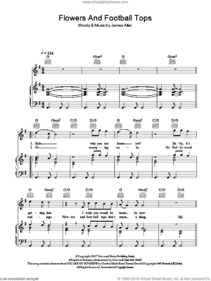 Flowers And Football Tops sheet music for voice, piano or guitar by Glasvegas and James Allan, intermediate skill level