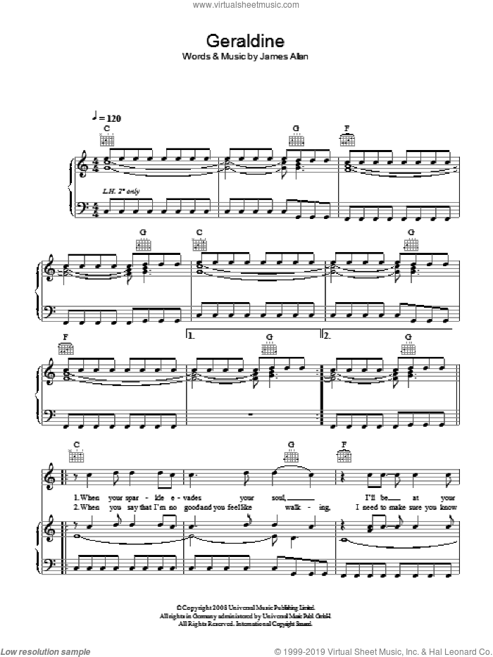 Geraldine sheet music for voice, piano or guitar by Glasvegas and James Allan, intermediate skill level