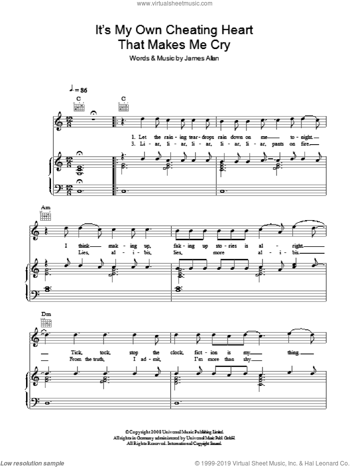 It's My Own Cheating Heart That Makes Me Cry sheet music for voice, piano or guitar by Glasvegas and James Allan, intermediate skill level