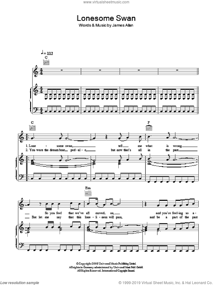 Lonesome Swan sheet music for voice, piano or guitar by Glasvegas and James Allan, intermediate skill level