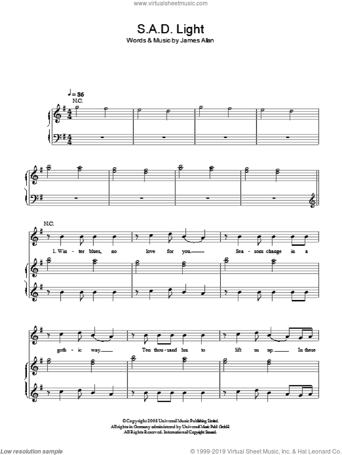 SAD Light sheet music for voice, piano or guitar by Glasvegas and James Allan, intermediate skill level