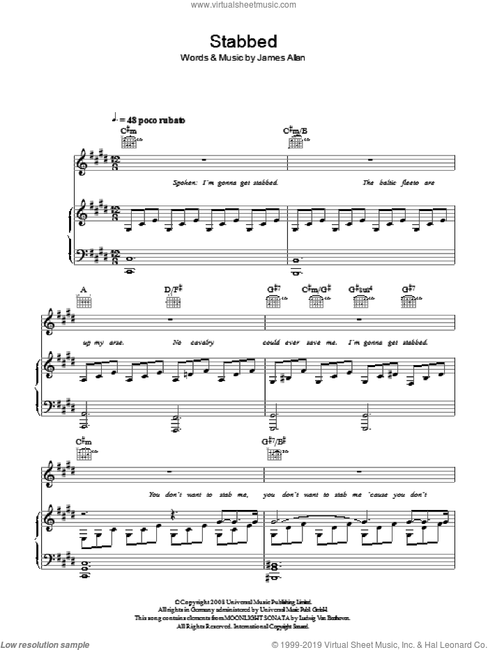 Stabbed sheet music for voice, piano or guitar by Glasvegas and James Allan, intermediate skill level