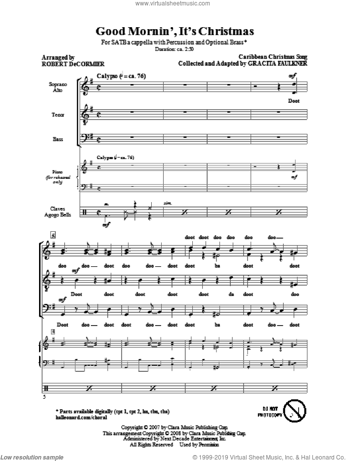 Good Mornin', It's Christmas sheet music for choir (SATB: soprano, alto, tenor, bass) by Robert DeCormier, intermediate skill level