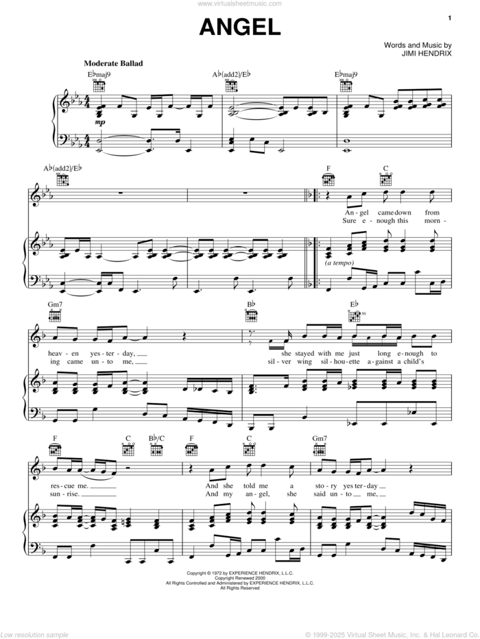 Angel sheet music for voice, piano or guitar by Jimi Hendrix, intermediate skill level