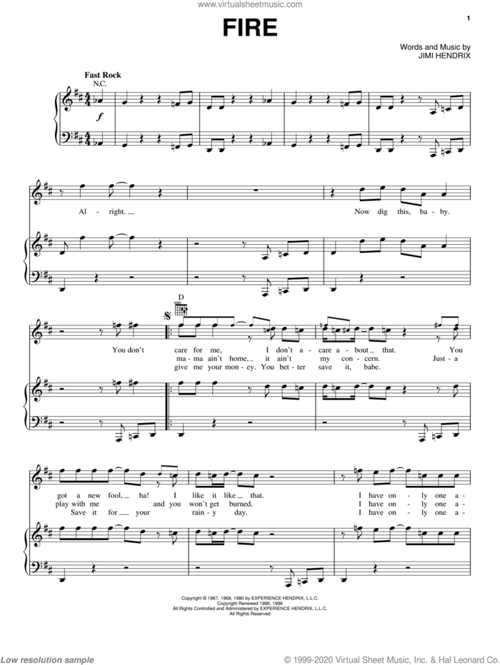 Fire sheet music for voice, piano or guitar by Jimi Hendrix, intermediate skill level
