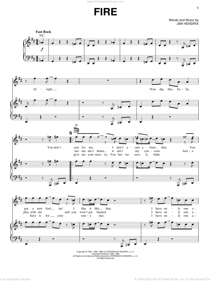 Fire sheet music for voice, piano or guitar by Jimi Hendrix, intermediate skill level