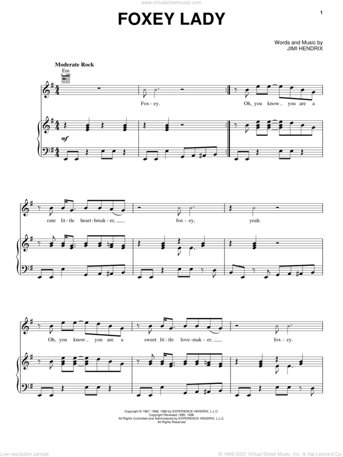 Foxey Lady sheet music for voice, piano or guitar by Jimi Hendrix, intermediate skill level