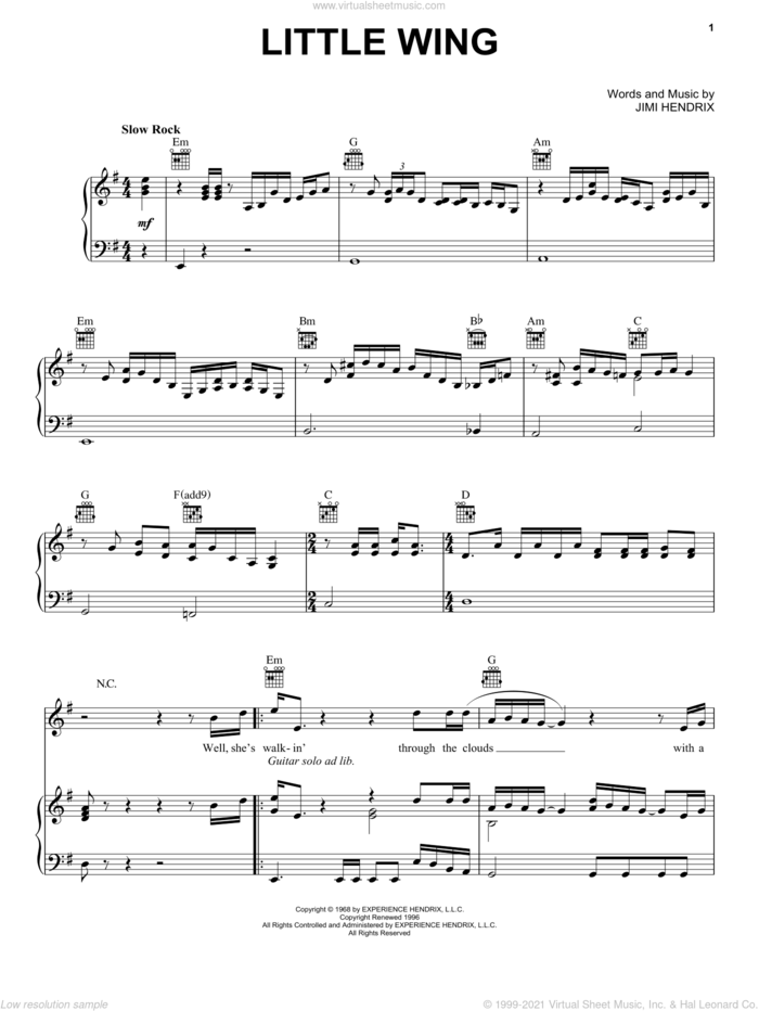 Little Wing sheet music for voice, piano or guitar by Jimi Hendrix, intermediate skill level