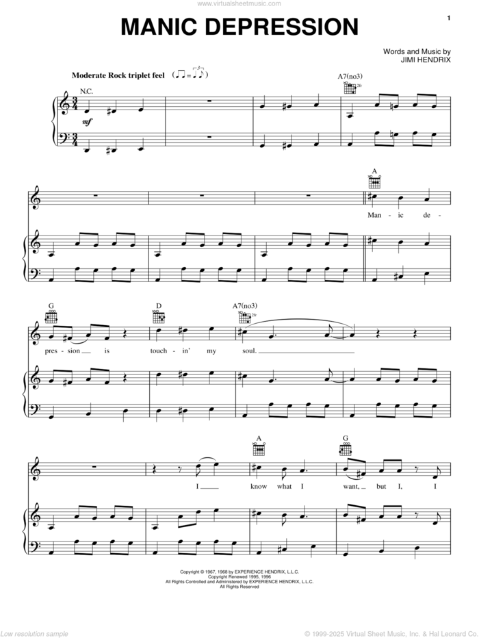 Manic Depression sheet music for voice, piano or guitar by Jimi Hendrix, intermediate skill level