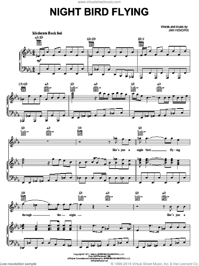 Night Bird Flying sheet music for voice, piano or guitar by Jimi Hendrix, intermediate skill level