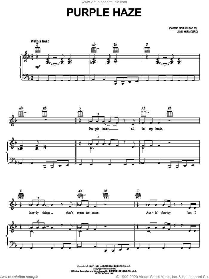 Purple Haze sheet music for voice, piano or guitar by Jimi Hendrix, intermediate skill level