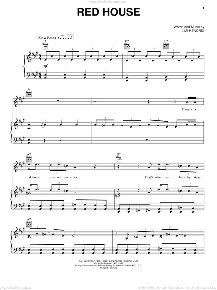 Red House sheet music for voice, piano or guitar by Jimi Hendrix, intermediate skill level