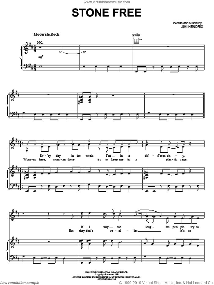 Stone Free sheet music for voice, piano or guitar by Jimi Hendrix, intermediate skill level