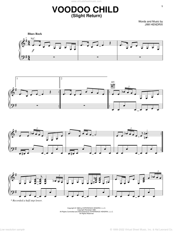 Voodoo Child (Slight Return) sheet music for voice, piano or guitar by Jimi Hendrix and Stevie Ray Vaughan, intermediate skill level