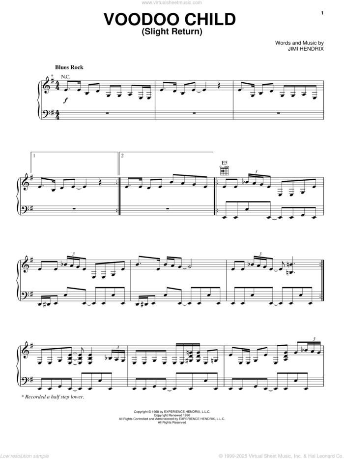 Voodoo Child (Slight Return) sheet music for voice, piano or guitar by Jimi Hendrix and Stevie Ray Vaughan, intermediate skill level