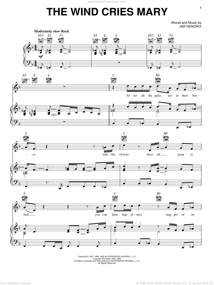 The Wind Cries Mary sheet music for voice, piano or guitar by Jimi Hendrix, intermediate skill level