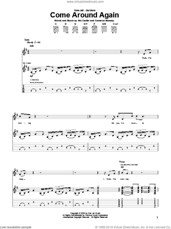 Come Around Again sheet music for guitar (tablature) by Nic Cester and Cameron Muncey, intermediate skill level