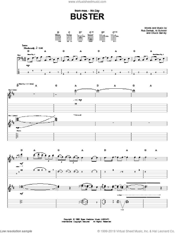Buster sheet music for guitar (tablature) by moe., Al Schnier, Chuck Garvey and Rob Derhak, intermediate skill level
