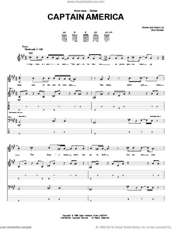 Captain America sheet music for guitar (tablature) by moe. and Rob Derhak, intermediate skill level