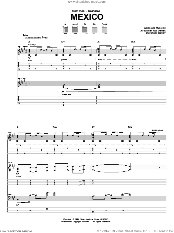 Mexico sheet music for guitar (tablature) by moe., Al Schnier, Chuck Garvey and Rob Derhak, intermediate skill level