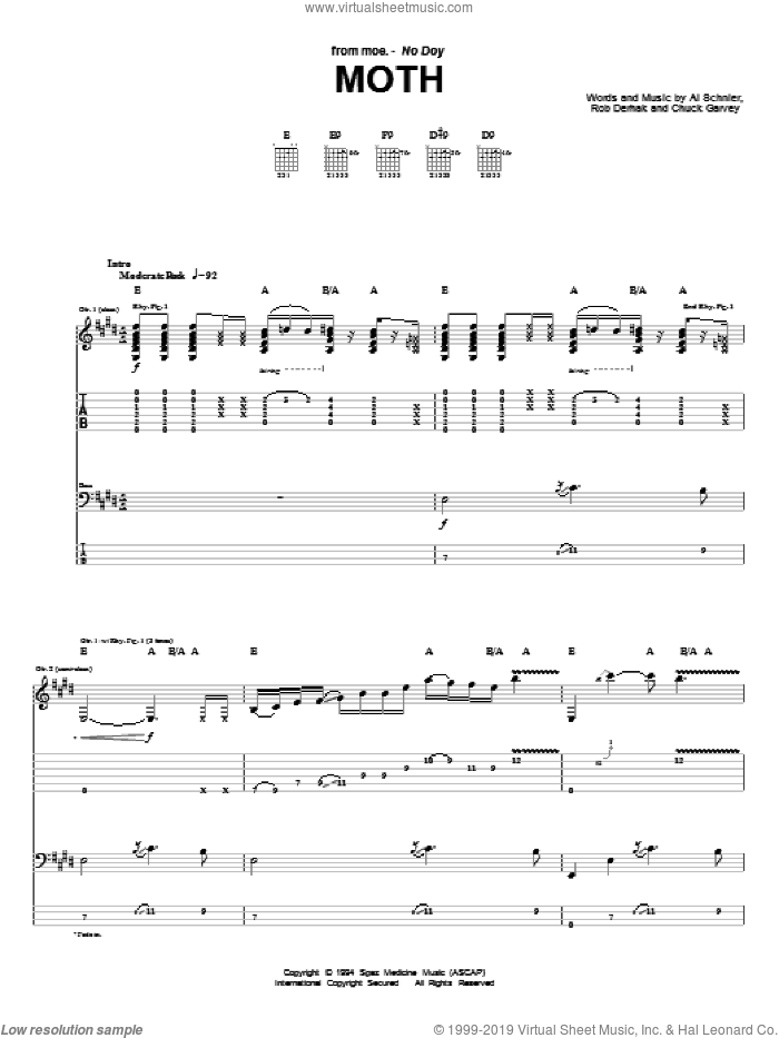 Moth sheet music for guitar (tablature) by moe., Al Schnier, Chuck Garvey and Rob Derhak, intermediate skill level