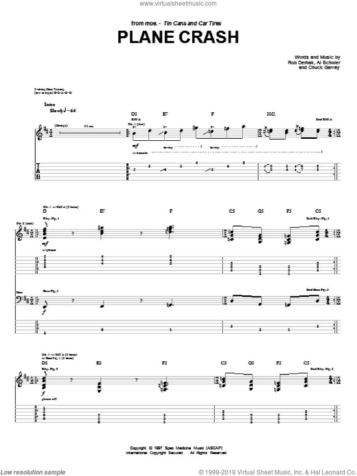 Plane Crash sheet music for guitar (tablature) by moe., Al Schnier, Chuck Garvey and Rob Derhak, intermediate skill level